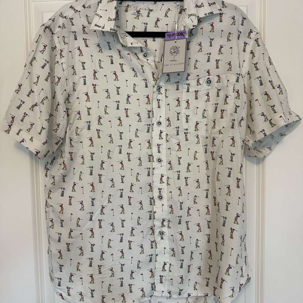 Age of Wisdom White Golf Print Casual Button Down Shirt